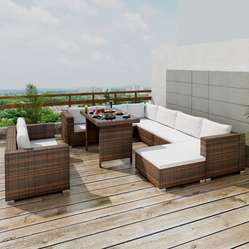vidaXL Set muebles de jardín 10 pzas y cojines ratán sintético marrón vidaXL Set muebles de jardín 10 pzas y cojines ratán sintético marrón