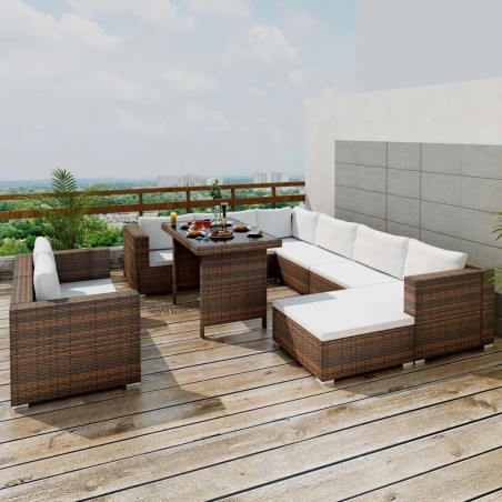 vidaXL Set muebles de jardín 10 pzas y cojines ratán sintético marrón