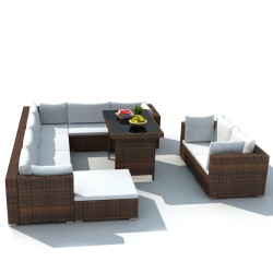 vidaXL Set muebles de jardín 10 pzas y cojines ratán sintético marrón