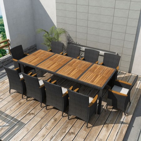 vidaXL Set comedor de jardín 11 piezas y cojines ratán sintético negro