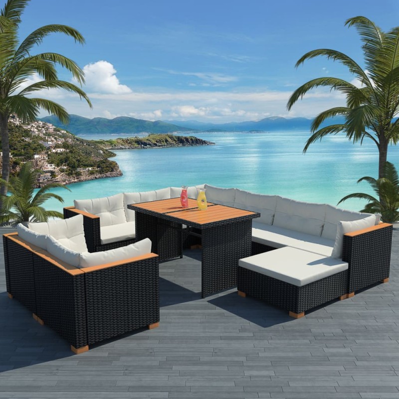 vidaXL Set muebles de jardín 10 piezas y cojines ratán sintético negro vidaXL Set muebles de jardín 10 piezas y cojines ratán sintético negro