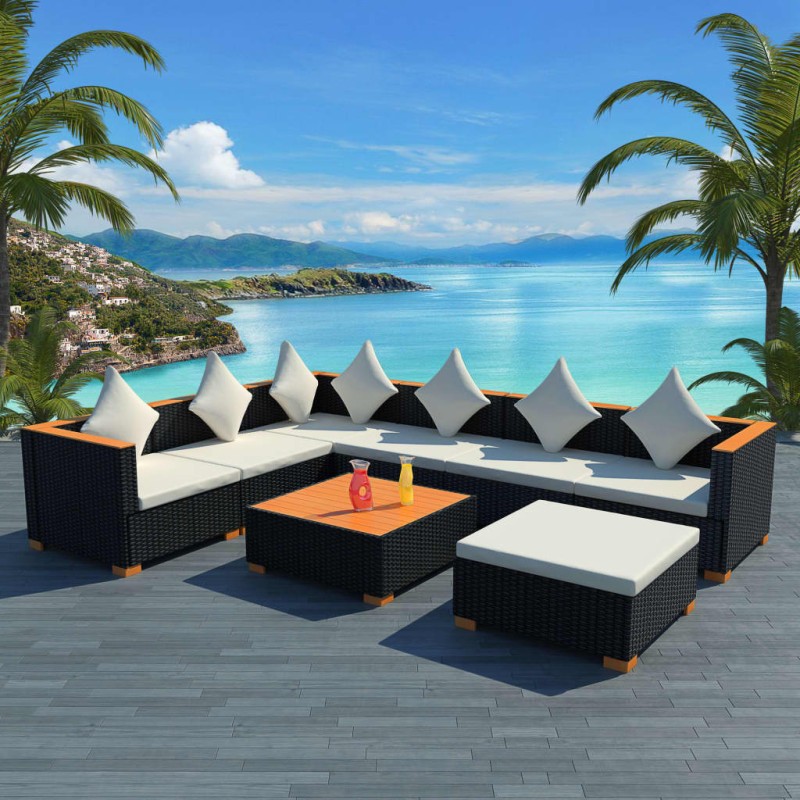 vidaXL Set muebles de jardín 8 piezas y cojines ratán sintético negro vidaXL Set muebles de jardín 8 piezas y cojines ratán sintético negro