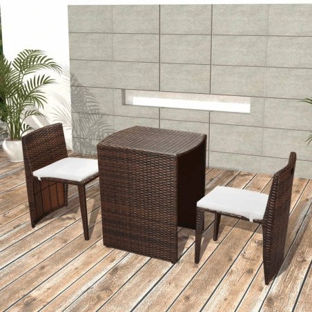 vidaXL Mesa y sillas bistró jardín 3 pzs y cojines poli ratán marrón