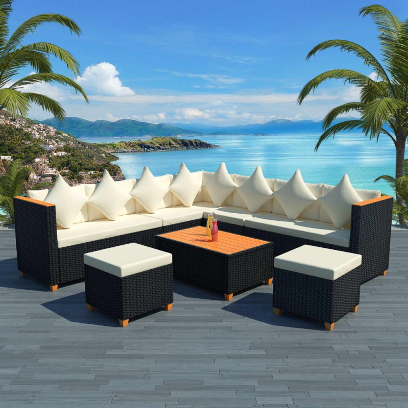 vidaXL Muebles de jardín y cojines 7 piezas ratán sintético negro