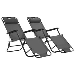 vidaXL Tumbonas plegables con reposapiés 2 unidades acero gris