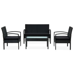 vidaXL Set de muebles de jardín 4 pzas y cojines ratán sintético negro