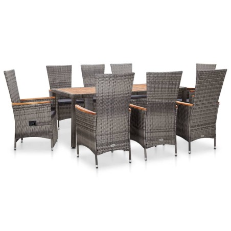 vidaXL Set de comedor de jardín 9 pzas y cojines ratán sintético gris