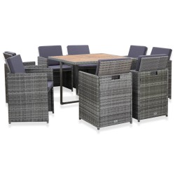 vidaXL Set comedor de jardín 9 piezas y cojines ratán sintético gris 