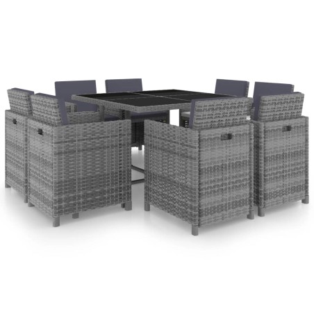 vidaXL Set comedor de jardín 9 piezas y cojines ratán sintético gris 