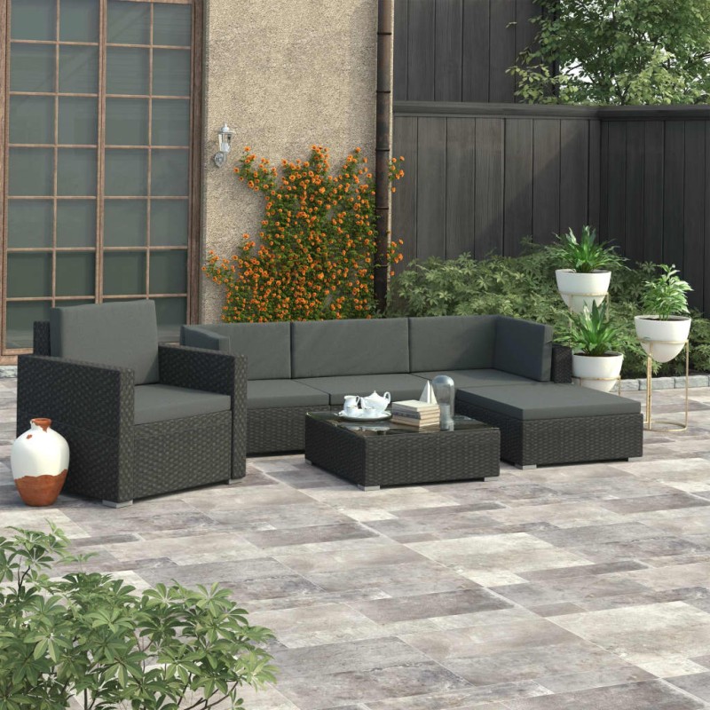 vidaXL Set muebles de jardín 6 piezas y cojines ratán sintético negro vidaXL Set muebles de jardín 6 piezas y cojines ratán sintético negro
