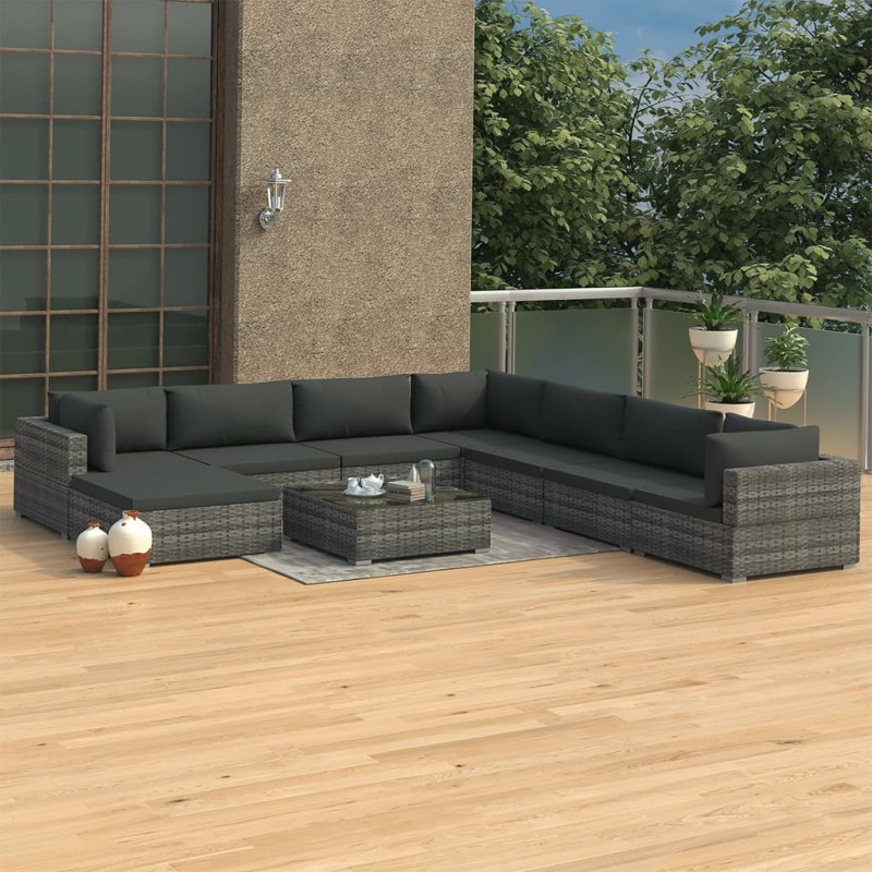 vidaXL Set de muebles de jardín 9 pzas y cojines ratán sintético gris vidaXL Set de muebles de jardín 9 pzas y cojines ratán sintético gris