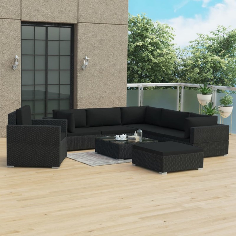 vidaXL Set muebles de jardín 8 piezas y cojines ratán sintético negro vidaXL Set muebles de jardín 8 piezas y cojines ratán sintético negro
