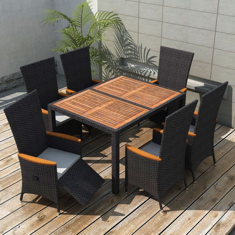vidaXL Set comedor de jardín 7 piezas ratán sintético y madera negro vidaXL Set comedor de jardín 7 piezas ratán sintético y madera negro