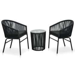 vidaXL Set mesa y sillas de jardín 3 pzas y cojines ratán PE negro  
