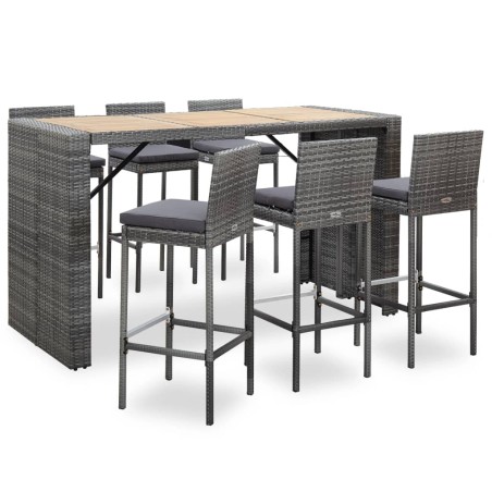 vidaXL Set muebles bar jardín 7 piezas y cojines ratán sintético gris