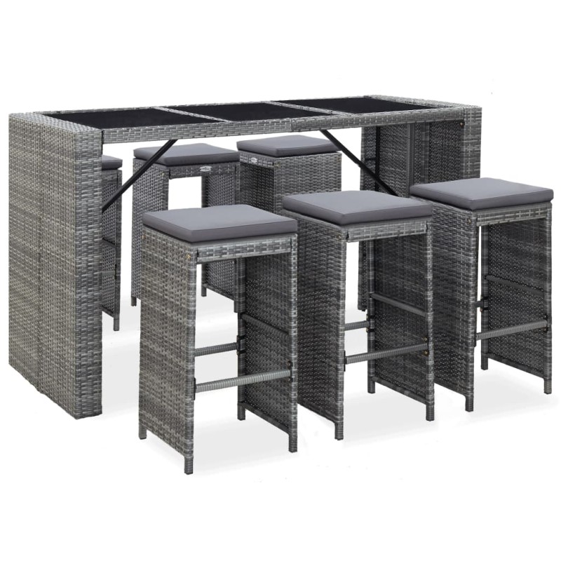 vidaXL Mesa y sillas de bar jardín 7 pzas cojines ratán sintético gris vidaXL Mesa y sillas de bar jardín 7 pzas cojines ratán sintético gris