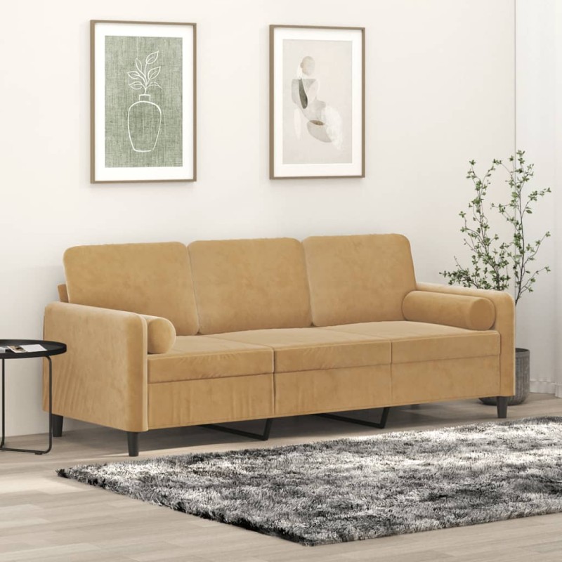 vidaXL Sofá de 3 plazas con cojines terciopelo marrón 180 cm vidaXL Sofá de 3 plazas con cojines terciopelo marrón 180 cm