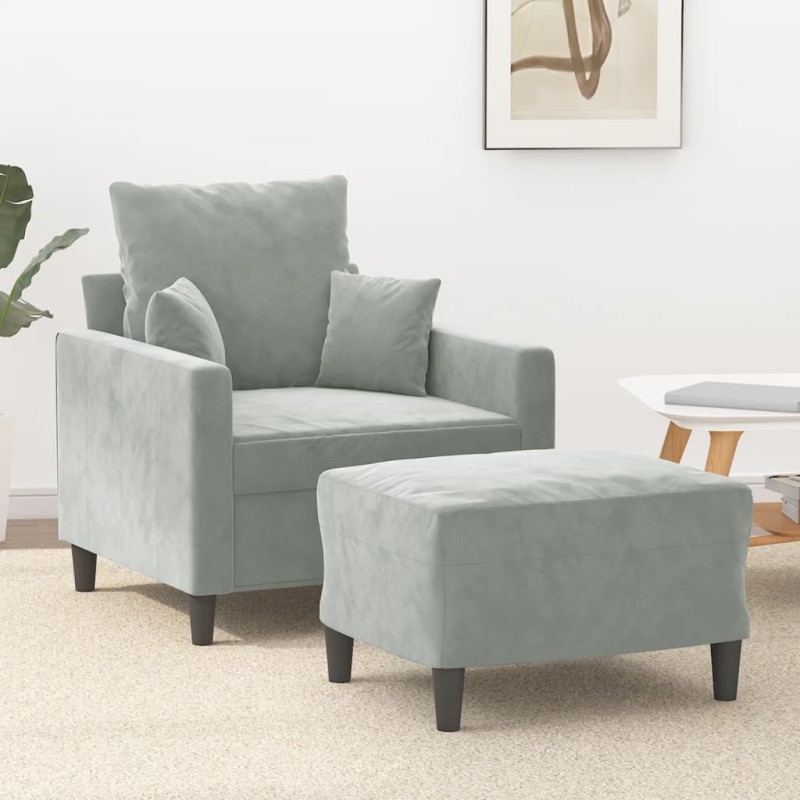 vidaXL Sillón con taburete terciopelo gris claro 60 cm vidaXL Sillón con taburete terciopelo gris claro 60 cm
