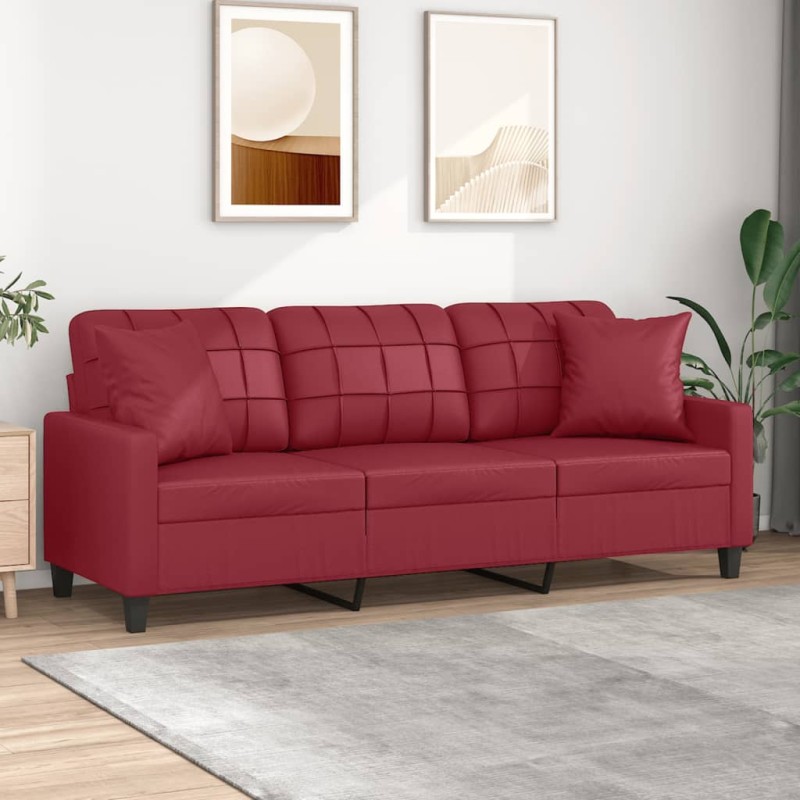 vidaXL Sofá de 3 plazas con cojines cuero sintético rojo tinto 180 cm vidaXL Sofá de 3 plazas con cojines cuero sintético rojo tinto 180 cm