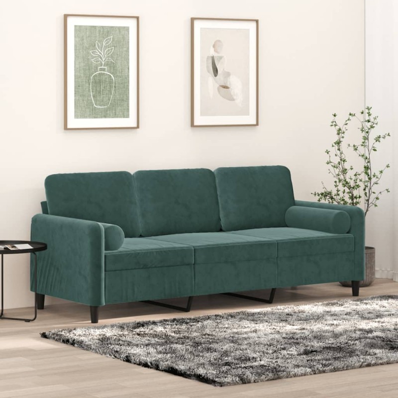 vidaXL Sofá de 3 plazas con cojines terciopelo verde oscuro 180 cm vidaXL Sofá de 3 plazas con cojines terciopelo verde oscuro 180 cm