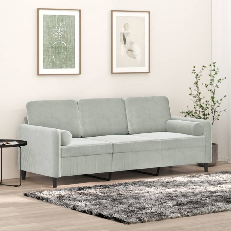 vidaXL Sofá de 3 plazas con cojines terciopelo gris claro 180 cm vidaXL Sofá de 3 plazas con cojines terciopelo gris claro 180 cm