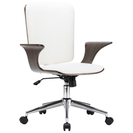 vidaXL Silla de oficina giratoria cuero sintético madera curva blanco
