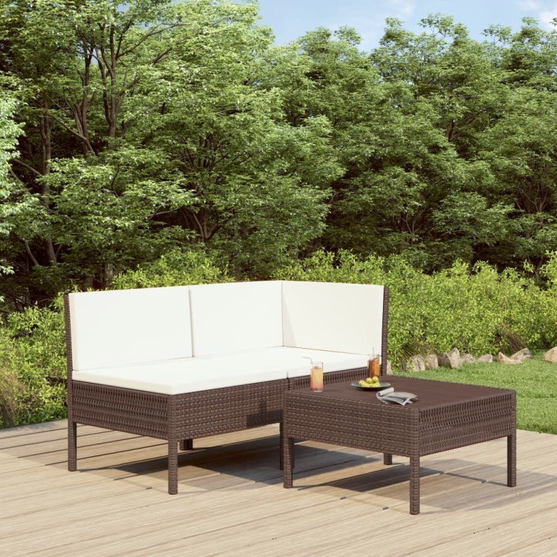 vidaXL Set muebles de jardín 3 pzas y cojines ratán sintético marrón vidaXL Set muebles de jardín 3 pzas y cojines ratán sintético marrón