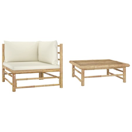 vidaXL Set de muebles de jardín 2 piezas bambú y cojines blanco crema