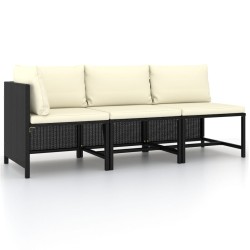 vidaXL Set de sofás de jardín 3 piezas y cojines ratán sintético negro