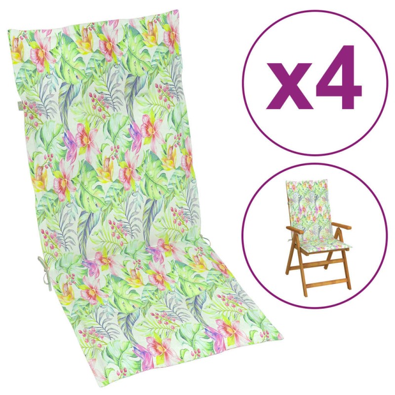 vidaXL Cojín silla de jardín respaldo alto 4 uds tela hojas 120x50x3cm vidaXL Cojín silla de jardín respaldo alto 4 uds tela hojas 120x50x3cm