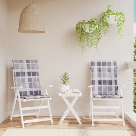 vidaXL Cojín silla jardín respaldo alto 2 uds cuadros gris 120x50x3 cm