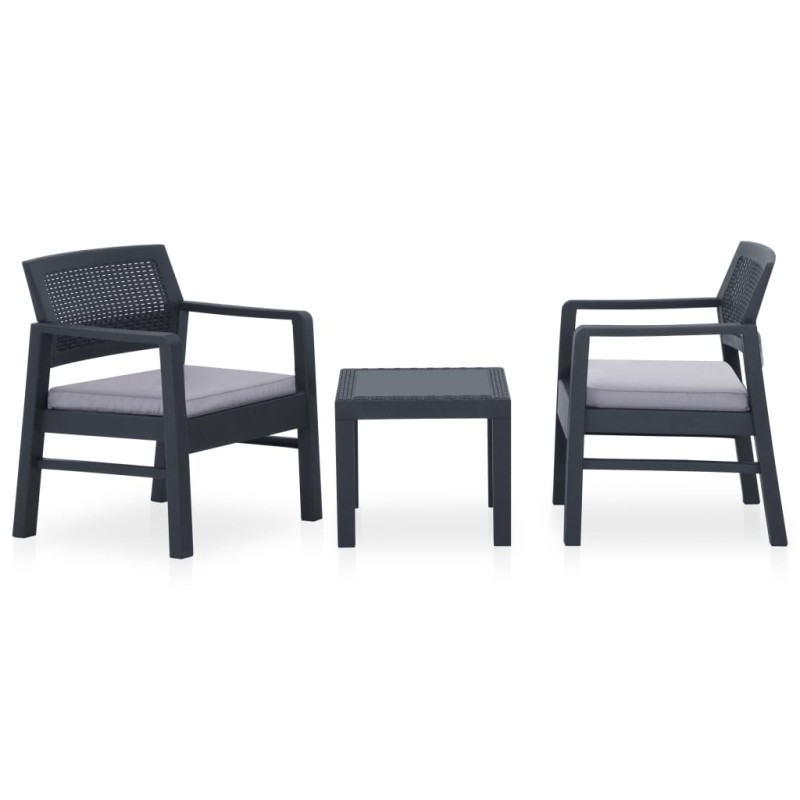 vidaXL Set de muebles de jardín 3 piezas con cojines plástico gris vidaXL Set de muebles de jardín 3 piezas con cojines plástico gris