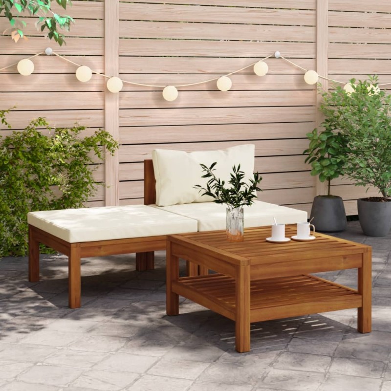 vidaXL Muebles de jardín 3 pzas cojines blanco crema madera de acacia vidaXL Muebles de jardín 3 pzas cojines blanco crema madera de acacia