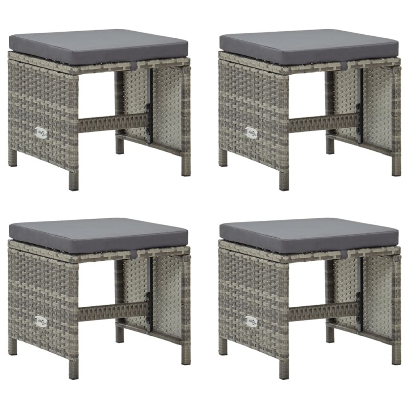 vidaXL Taburetes de jardín 4 unidades y cojines ratán sintético gris vidaXL Taburetes de jardín 4 unidades y cojines ratán sintético gris