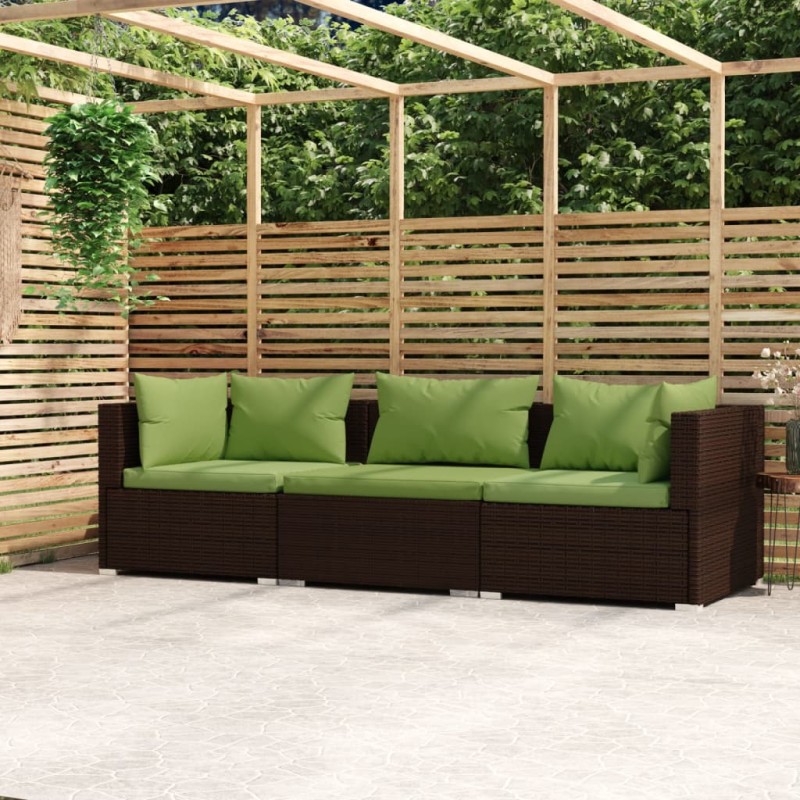 vidaXL Sofá de jardín de 3 plazas con cojines ratán sintético marrón vidaXL Sofá de jardín de 3 plazas con cojines ratán sintético marrón