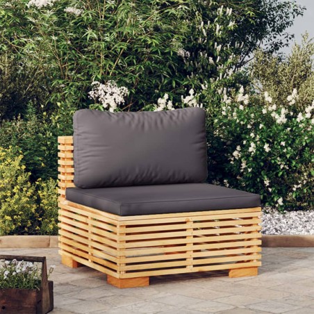vidaXL Sofá central jardín con cojines gris oscuro madera maciza teca