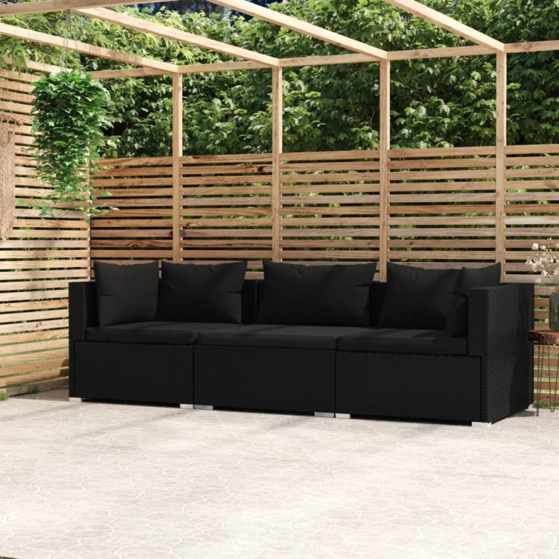 vidaXL Sofá de 3 plazas con cojines ratán sintético negro vidaXL Sofá de 3 plazas con cojines ratán sintético negro