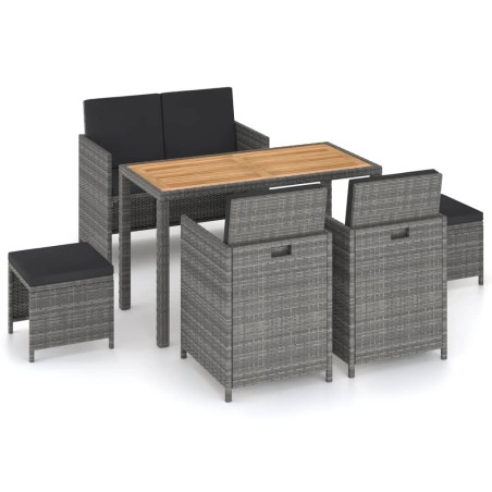 vidaXL Set comedor jardín 6 pzas ratán sintético y madera acacia gris