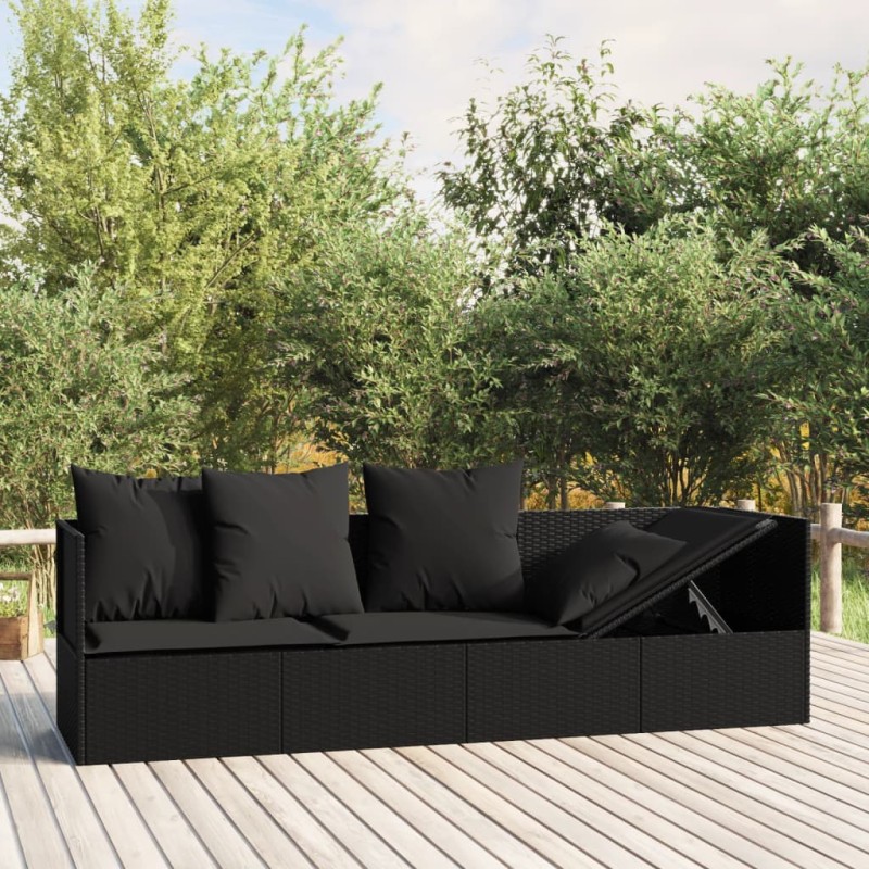vidaXL Sofá tumbona de jardín con cojines ratán sintético negro vidaXL Sofá tumbona de jardín con cojines ratán sintético negro