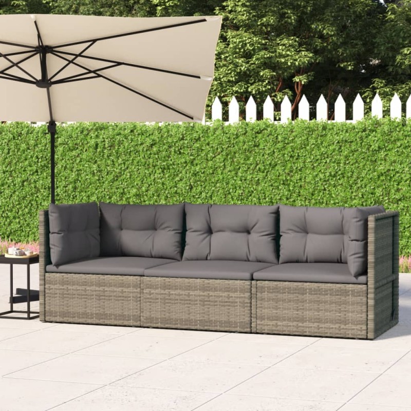 vidaXL Set de muebles de jardín 3 pzas y cojines ratán sintético gris vidaXL Set de muebles de jardín 3 pzas y cojines ratán sintético gris