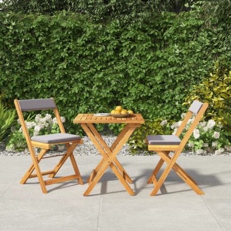 vidaXL Mesa y sillas plegables terraza 3 pzas y cojines madera acacia 