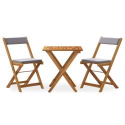 vidaXL Mesa y sillas plegables terraza 3 pzas y cojines madera acacia 