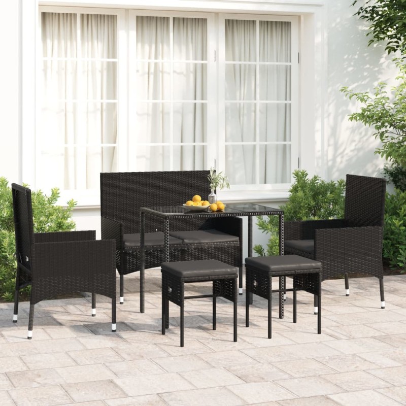 vidaXL Set muebles de jardín 6 piezas y cojines ratán sintético negro vidaXL Set muebles de jardín 6 piezas y cojines ratán sintético negro