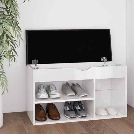 vidaXL Banco zapatero con cojín madera de ingeniería blanco brillo