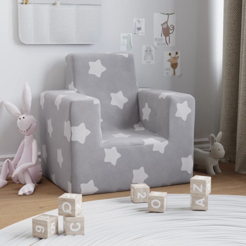 vidaXL Sofá para niños felpa suave gris claro con estrellas vidaXL Sofá para niños felpa suave gris claro con estrellas
