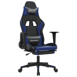 vidaXL Silla gaming de masaje y reposapiés cuero sintético negro azul