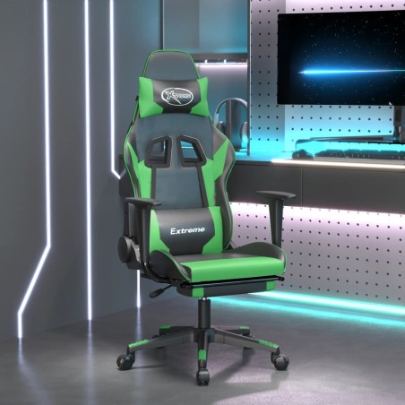 vidaXL Silla gaming de masaje y reposapiés cuero sintético negro verde
