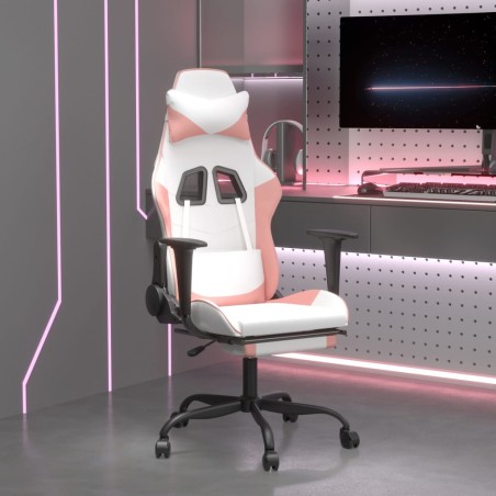 vidaXL Silla gaming masaje y reposapiés cuero sintético blanco y rosa