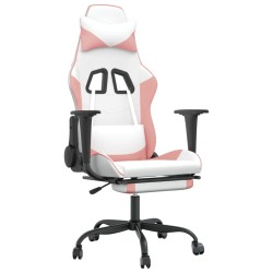 vidaXL Silla gaming masaje y reposapiés cuero sintético blanco y rosa