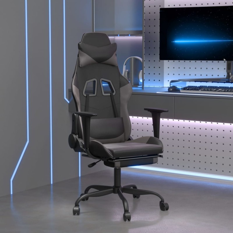 vidaXL Silla gaming de masaje y reposapiés cuero sintético negro gris vidaXL Silla gaming de masaje y reposapiés cuero sintético negro gris